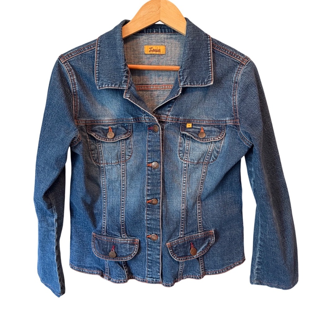 VTG Louie Womens Denim Trucker Jacket S/M Star‎ Buttons Contrast Stitch Western